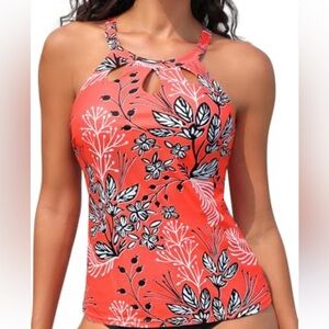 Womens High Neck Blouson Printed Tankini Top with Boy Shorts Modest Swimsuit L